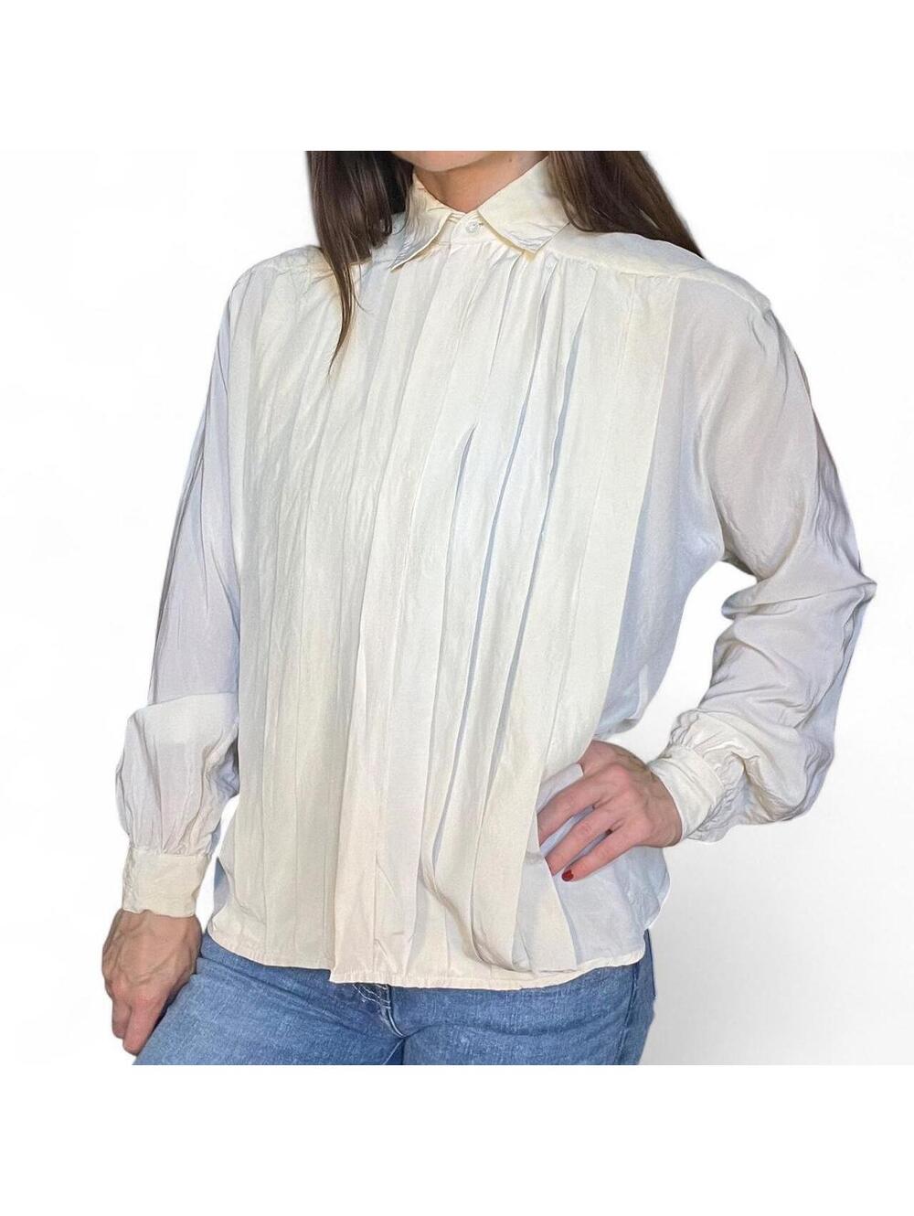 Vintage Sarah Rowland 100% Silk Pleated Button-Up Blouse Ivory Size 6